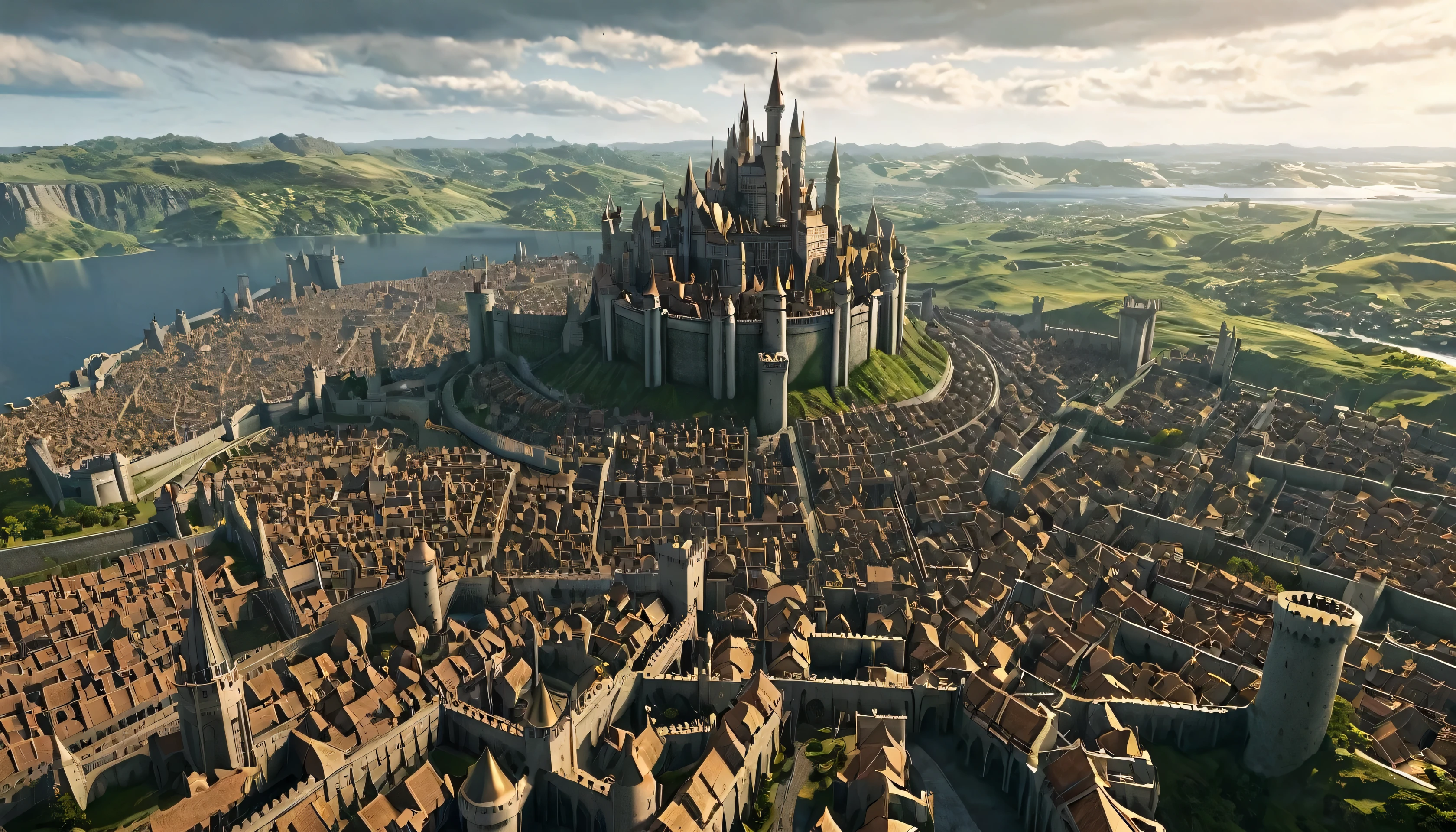 a scene of a giant city within a kingdom with a large castle in the center with tall, bronze-colored towers just like Kingsland, the capital of Westeros