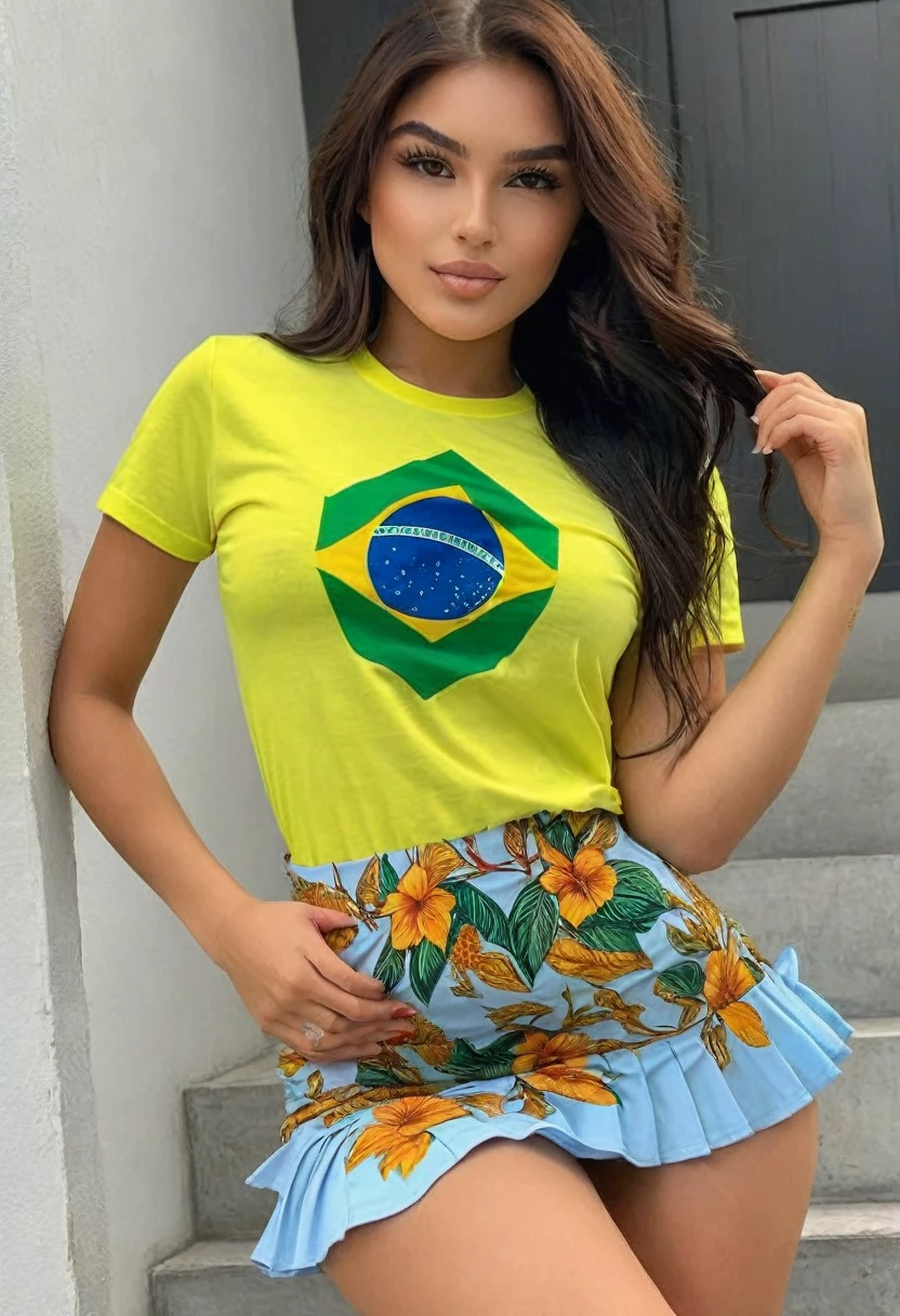 (((high quality:1.2))), Work of art, (8k), extremely detailed, ((High detail:1.2)) ((best resolution)), (HotLexi woman), Solo, ((24 years old brazilian female)), (T-shirt, skirt),