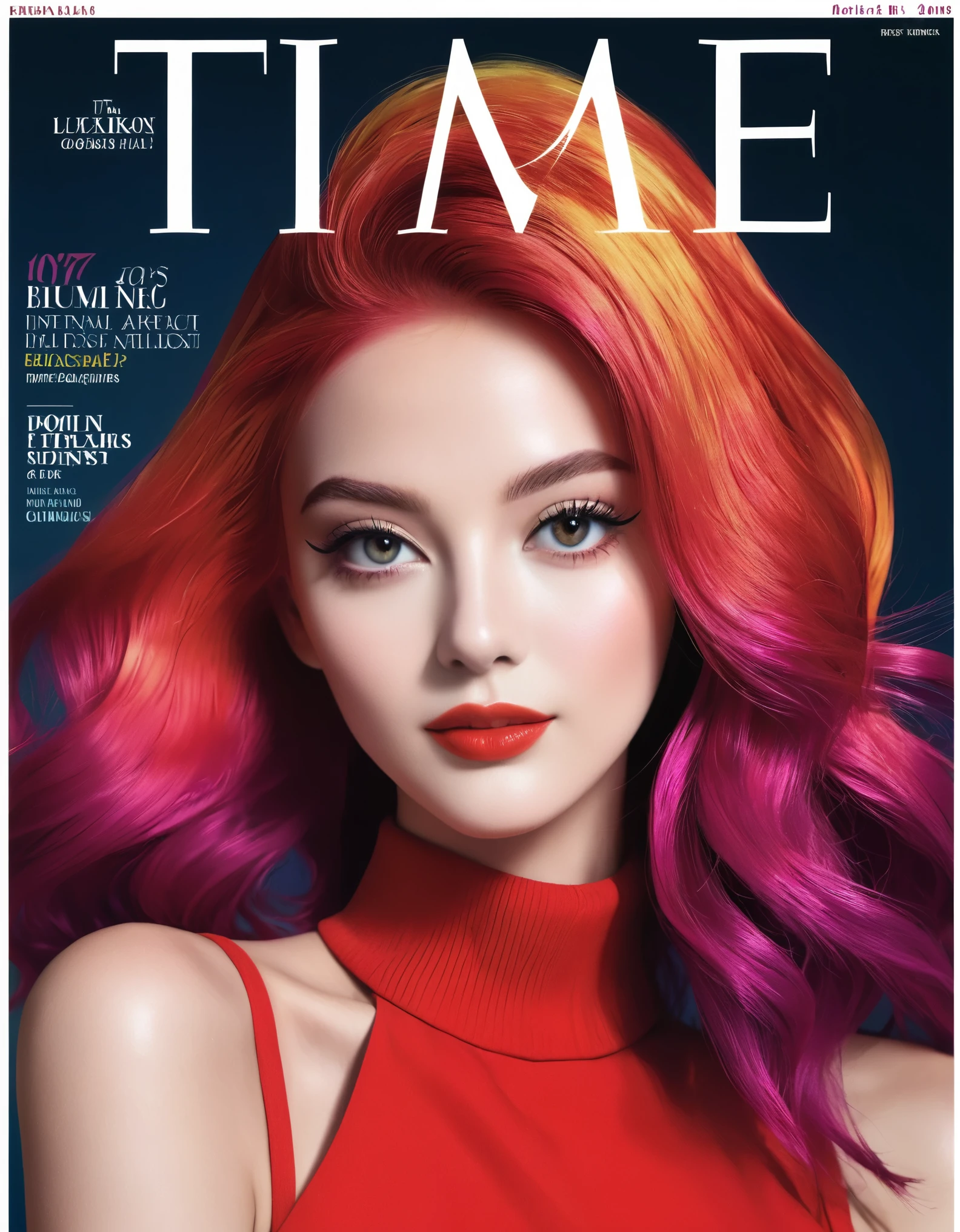 Magazine cover, esthetic, , (A girl with) vibrant colorful hair, Eye-catching pose, stylish clothes, confident smile, Dynamic background, (Haute Couture),(realisti),(studio lighting), (best quality,4K,highres), (portrait), (best quality,4K,8k,highres,​masterpiece:1.2),Ultra-detail,(realisti,photorealisti,photo-realisti:1.37), glossy finish, bright colours, captivating design, Professional models, Iconic logo, Striking typography, Dynamic layout, eye-catching headlines, Fashion Forward, Avant-garde style, innovative concepts, influential personalities, Trend-setting fashion, detailed articles, thought-provoking content, Modern lifestyle, cultural influence, timeless charm, stylish accessories, glamorous photo shoots, international appeal, Diverse perspectives, High-Fashion-Editorials, Exclusive interviews, first-class journalism, exquisite craftsmanship, visual storytelling, captivating cover story, captivating images, iconic fashion brands, Avantgardistisches Make-up, luxurious fabrics, elegant patterns, High quality printing, sophisticated layout, Trendprognose, inspiring pictures, breathtaking artistic direction, Required reading.