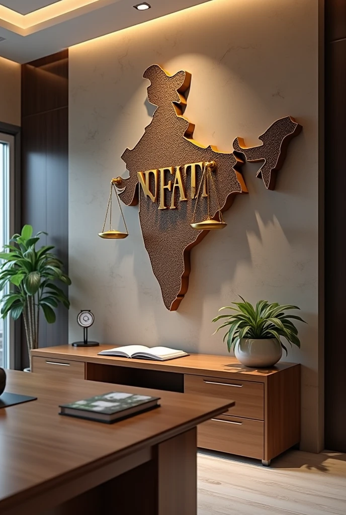 Interior decor for an advocate office with beautiful wall sculpture on one wall with advocate written on it and with symbol of justice balance scale with Indian map