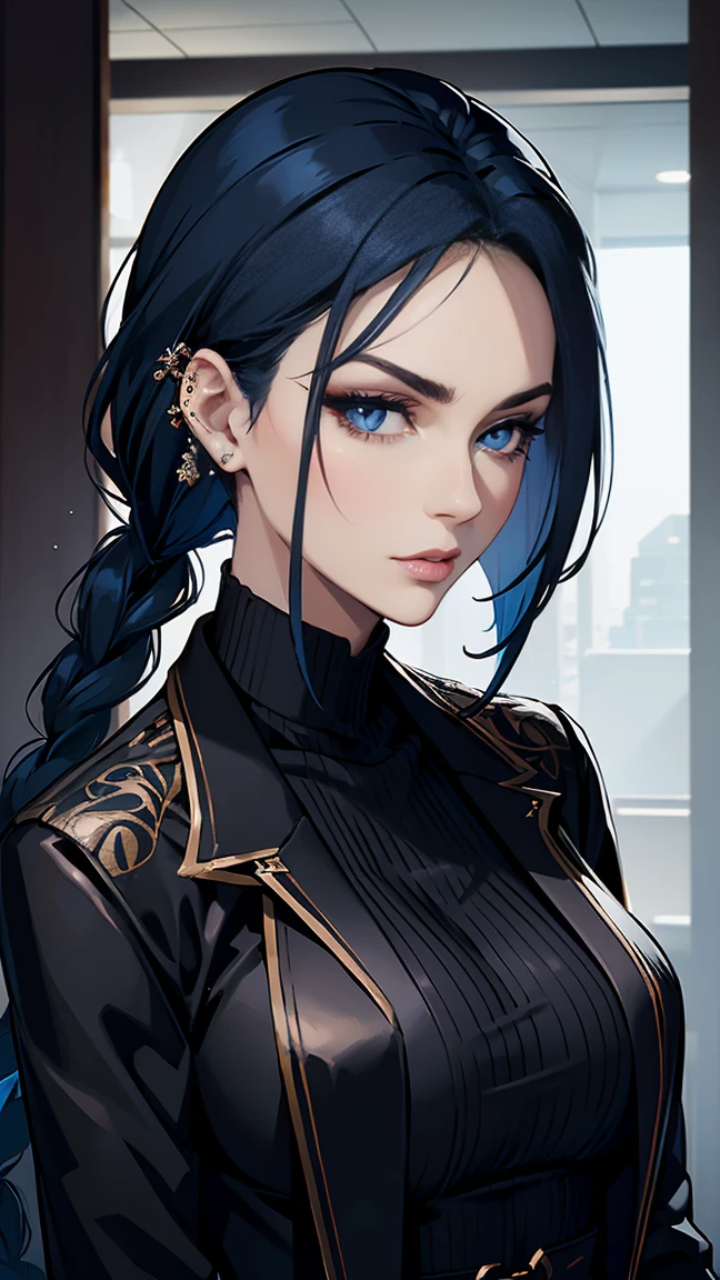 blue hair styled in a thick, long braid, glossy and striking; elongated, oblong face with high, defined cheekbones and a softly rounded chin; intense, captivating dark eyes framed by well-groomed eyebrows; full, plush, perfectly-shaped dark red lips; well-defined ears with small piercings: fitted black jacket over a high-necked dark red tshirt, modest and stylish; sleek, tailored jacket with subtle details; intricate tattoos subtly visible on right arm; modern helix piercing; calm and serious expression