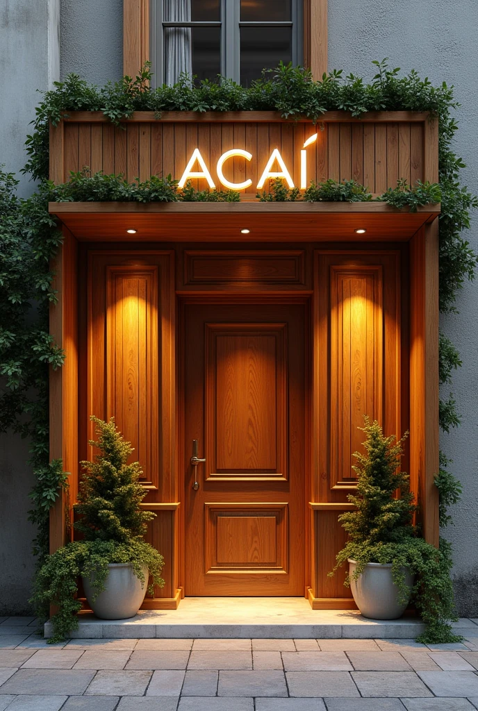 Facade of an açaí shop with lighting and modern wood with a door and two windows
