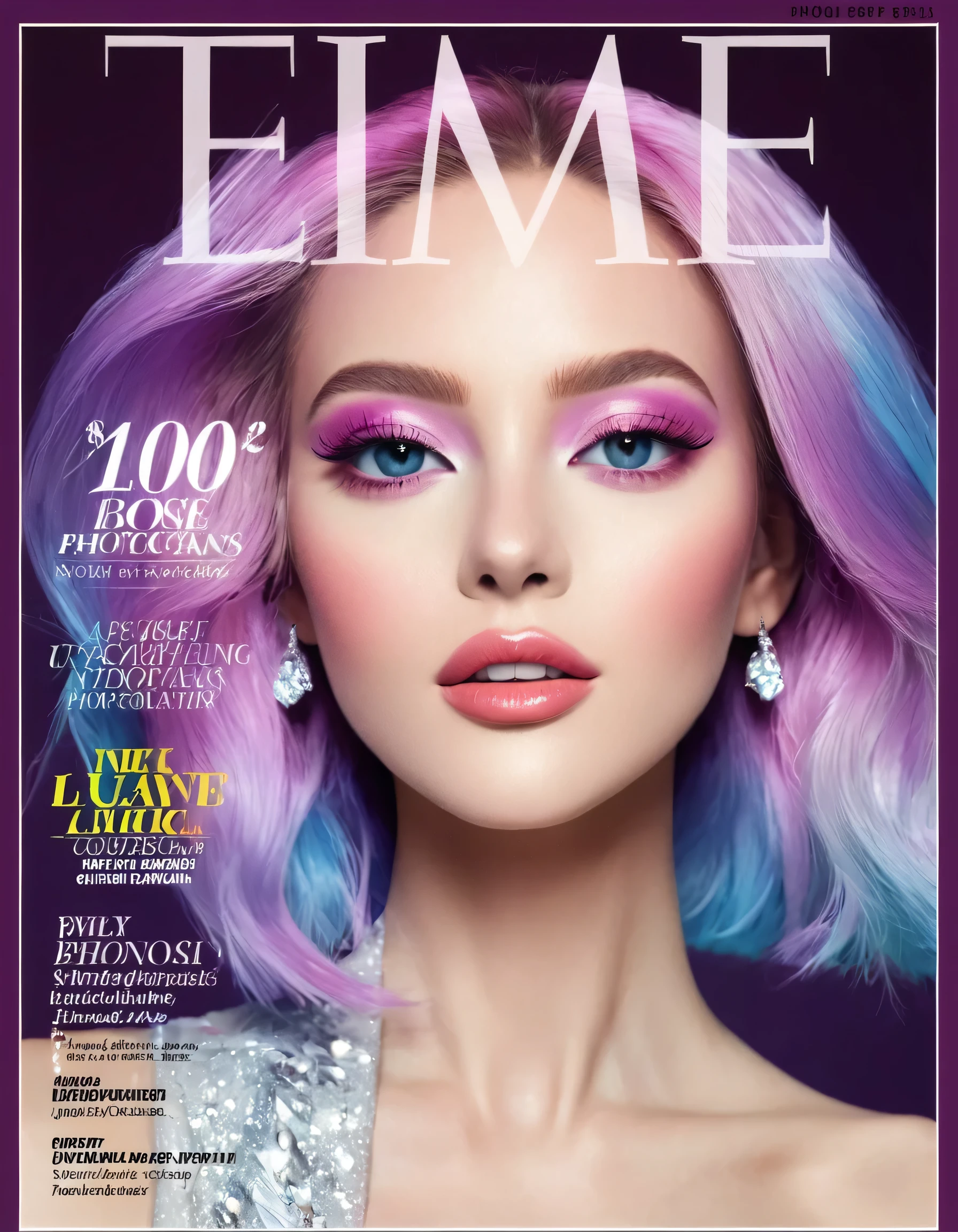 Magazine cover, esthetic, , (A girl with) vibrant colorful hair, Eye-catching pose, stylish clothes, confident smile, Dynamic background, (Haute Couture),(realisti),(studio lighting), (best quality,4K,highres), (portrait), (best quality,4K,8k,highres,​masterpiece:1.2),Ultra-detail,(realisti,photorealisti,photo-realisti:1.37), glossy finish, bright colours, captivating design, Professional models, Iconic logo, Striking typography, Dynamic layout, eye-catching headlines, Fashion Forward, Avant-garde style, innovative concepts, influential personalities, Trend-setting fashion, detailed articles, thought-provoking content, Modern lifestyle, cultural influence, timeless charm, stylish accessories, glamorous photo shoots, international appeal, Diverse perspectives, High-Fashion-Editorials, Exclusive interviews, first-class journalism, exquisite craftsmanship, visual storytelling, captivating cover story, captivating images, iconic fashion brands, Avantgardistisches Make-up, luxurious fabrics, elegant patterns, High quality printing, sophisticated layout, Trendprognose, inspiring pictures, breathtaking artistic direction, Required reading.