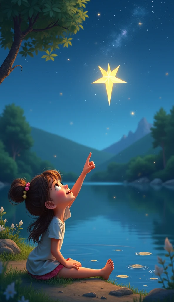 Create a picture of a smiling girl watching and pointing to a shining star on sky in the night, sitting near a lake, 