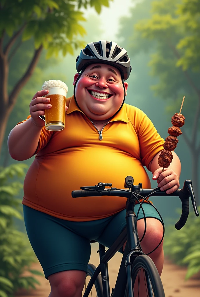 Fat character riding mountain bike with helmet, cyclist clothing, with a glass of beer and a meat skewer in hand, mouth with gummy smile drops of sweat falling from the body, looking tired but with a happy face