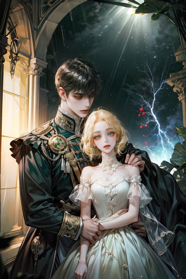 8k, complex, elegant, Very detailed, majestic, digital photography, surreal painting, defeat magic, night garden, blue tones,Winding lightning, (masterpiece, side light, fine and beautiful eyes: 1.2), HdR, (ojos verde brights)), victorian dress, ( bright), Chica elegant, cana, musculature, White skin, Raining, elegant, in front of the camera, masterpiece, different hair colors, black hair men, blonde hair women, noticeable height difference, slender girl, robust muscular boy