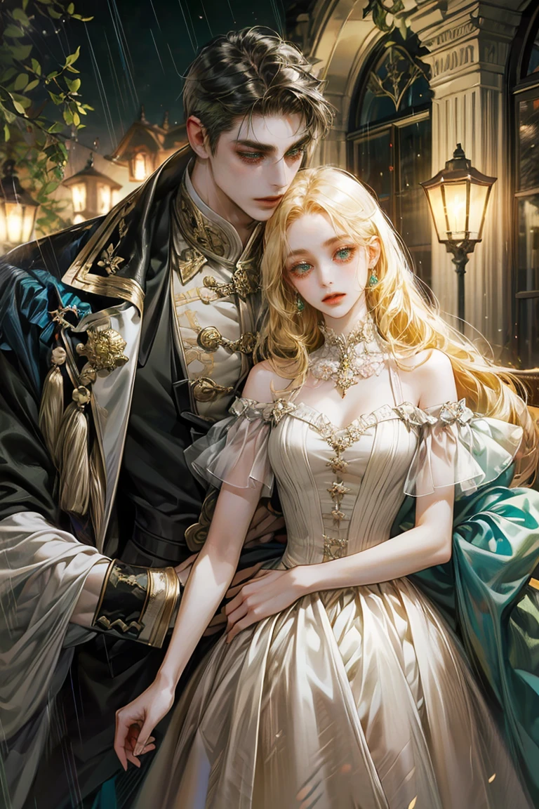 8k, complex, elegant, Very detailed, majestic, digital photography, surreal painting, defeat magic, night garden, blue tones,Winding lightning, (masterpiece, side light, fine and beautiful eyes: 1.2), HdR, (ojos verde brights)), victorian dress, ( bright), Chica elegant, cana, musculature, White skin, Raining, elegant, in front of the camera, masterpiece, different hair colors, black hair men, blonde hair women, noticeable height difference, slender girl, robust muscular boy