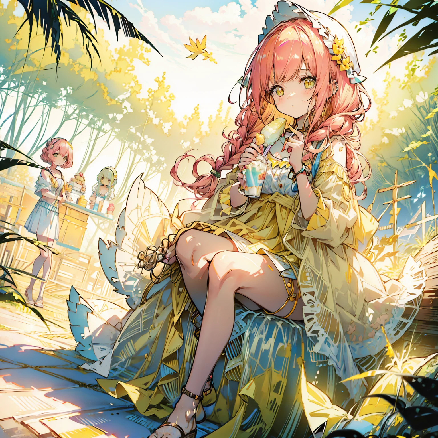 beautiful girl, cute lemon yellow braided hair, pink cheeks, lemon-shaped piercing, wearing a lemon-patterned bikini and a cool yellow fabric shirt, holding ice cream, smooth white skin, beach, empty clear, morning, sunny, cool.