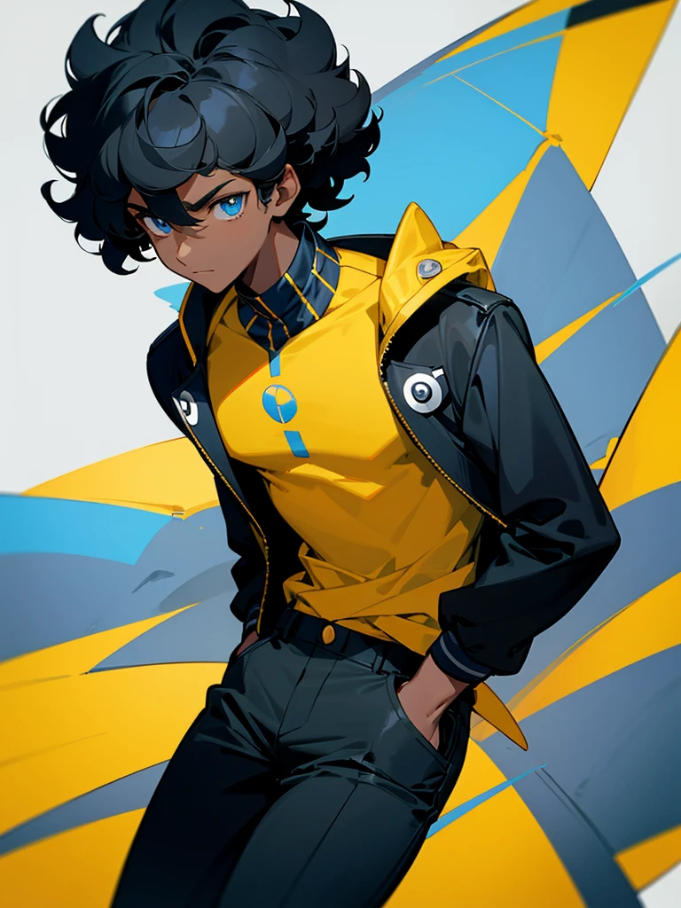 Image of a dark skinned boy with curly black hair, with blue eyes and wearing a yellow shirt and on top a black jacket with blue details based on the style of a pokemon trainer