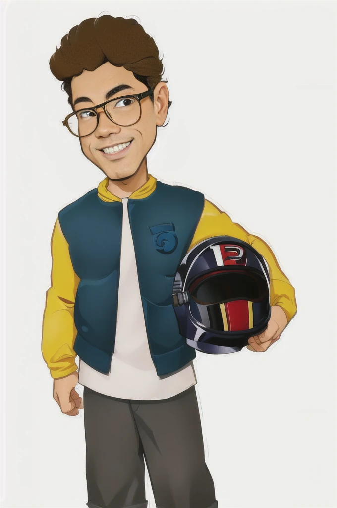 cartoon man with glasses and a helmet holding a helmet, harry volk clip art style, archie comic style, inspired by François Quesnel, in cartoon style, in style of tyler mitchell, inspired by Josh Bayer, inspired by Taiyō Matsumoto, digital art. @mariomaniacdude, cartoon artstyle, official fan art, inspired by Dan Smith, 8k