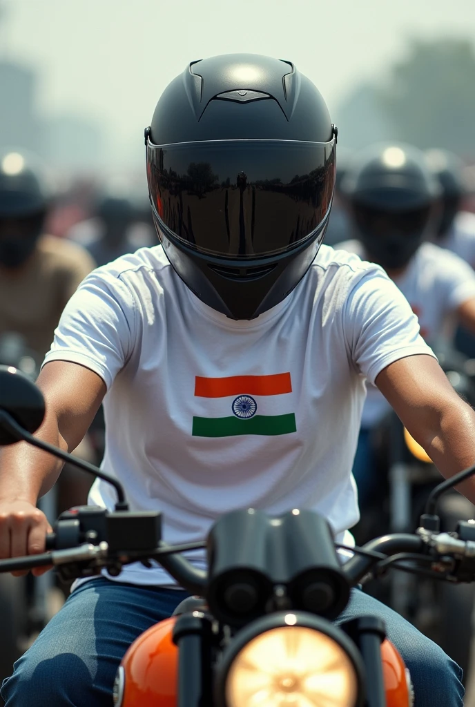 Motorcycle rally with riders wearing full face helmets and white tshirts with Indian Flags with space to write information on the image 
