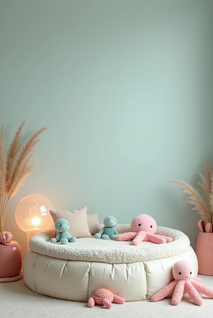 Create a photo background for me with a real New Born style scene with a seabed theme, in the scene there is an empty round bed, on the bed there is only a fluffy blanket, the bed is empty, around the bed, on the bed alone there is a messy fuzzy blanket, in the scene there is an octopus plush, there is a turtle plush, there is a seahorse plush, a transparent glass lamp in the shape of a jellyfish, the lamp has the light on, sea animals high quality clear image, pastel kids photo background image in light