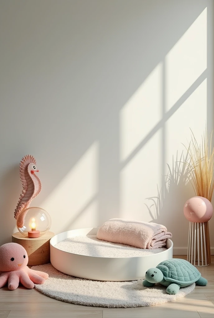 Create a photo background for me with a real New Born style scene with a seabed theme, in the scene there is an empty round bed, on the bed there is only a fluffy blanket, the bed is empty, around the bed, on the bed alone there is a messy fuzzy blanket, in the scene there is an octopus plush, there is a turtle plush, there is a seahorse plush, a transparent glass lamp in the shape of a jellyfish, the lamp has the light on, sea animals high quality clear image, pastel kids photo background image in light