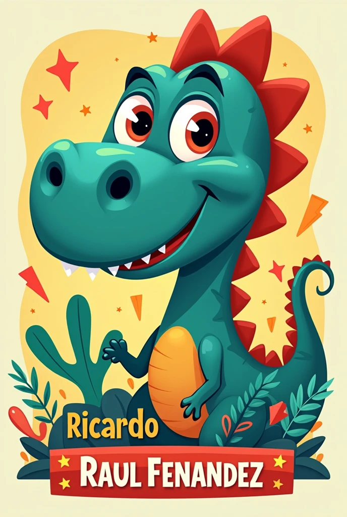 A fun dinosaur-themed school label. Name: Ricardo Raul Fernandez 
