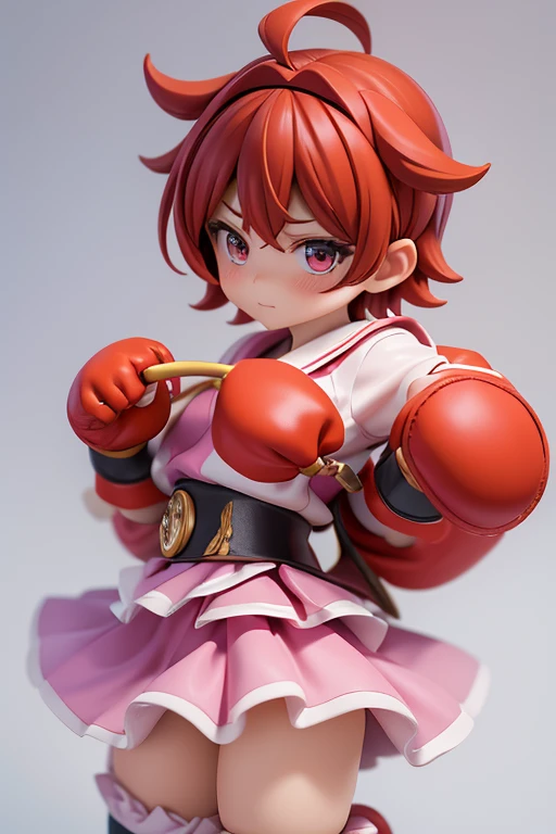 Magical giel、Primary school students、Young girl、、height: 130cm、Short Hair、Shortcuts、boyish、Circlet、tiara、Character portrait、Standing with your legs apart、Karate stance、Martial Arts、spats、ホットpants、pants、Magical Girl Costume、Red clothes、Red Hair、Red eyes、Fighting gloves on hands