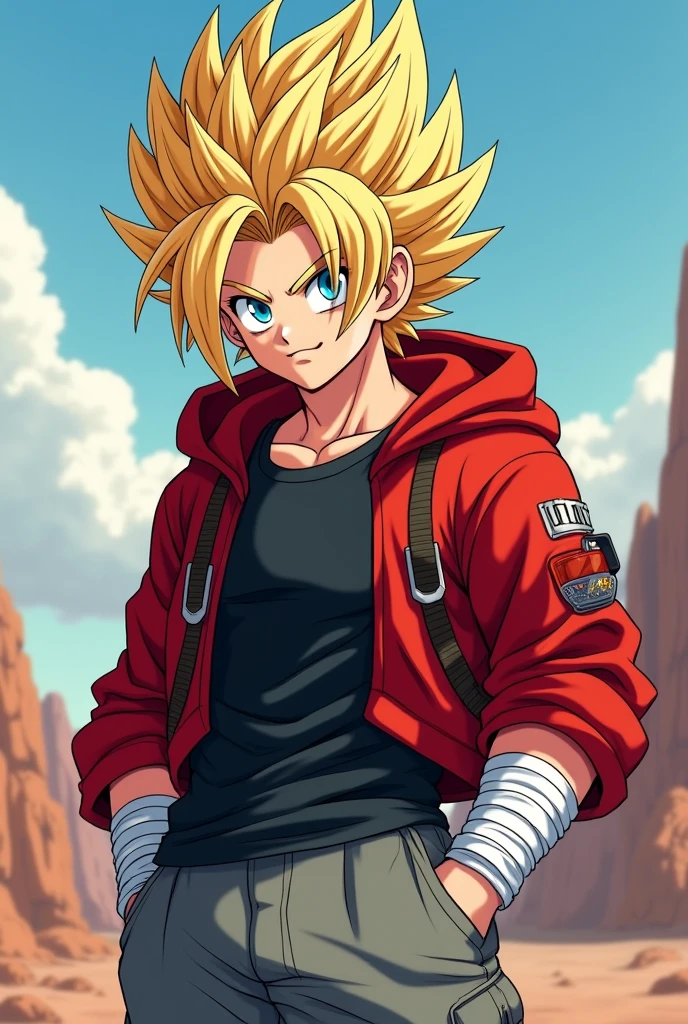 Create a male anime character with a look that evokes the strength of a Saiyan warrior. Imagine a young man with blond hair, thick and a little long, reaching the shoulders. The cut is similar to Seiya's from Knights of the Zodiac, with bangs covering the forehead. His eyes are an intense and penetrating blue. As for the clothes, he wears a red long sleeved shirt, with a hood that adds a mysterious air. About the red shirt, a black short-sleeved t-shirt contrasts and gives a casual touch. on the forearm, white bands form a wristband that covers the palm of the hand and the forearm, leaving only the fingers exposed. To end, gray pants complete the look, giving an air of practicality to the character. in the face, an important detail: a small scar, Ok sign is almost perfect but the red shirt is not a coat and a blouse with the fabric in apple red await a vibrant red