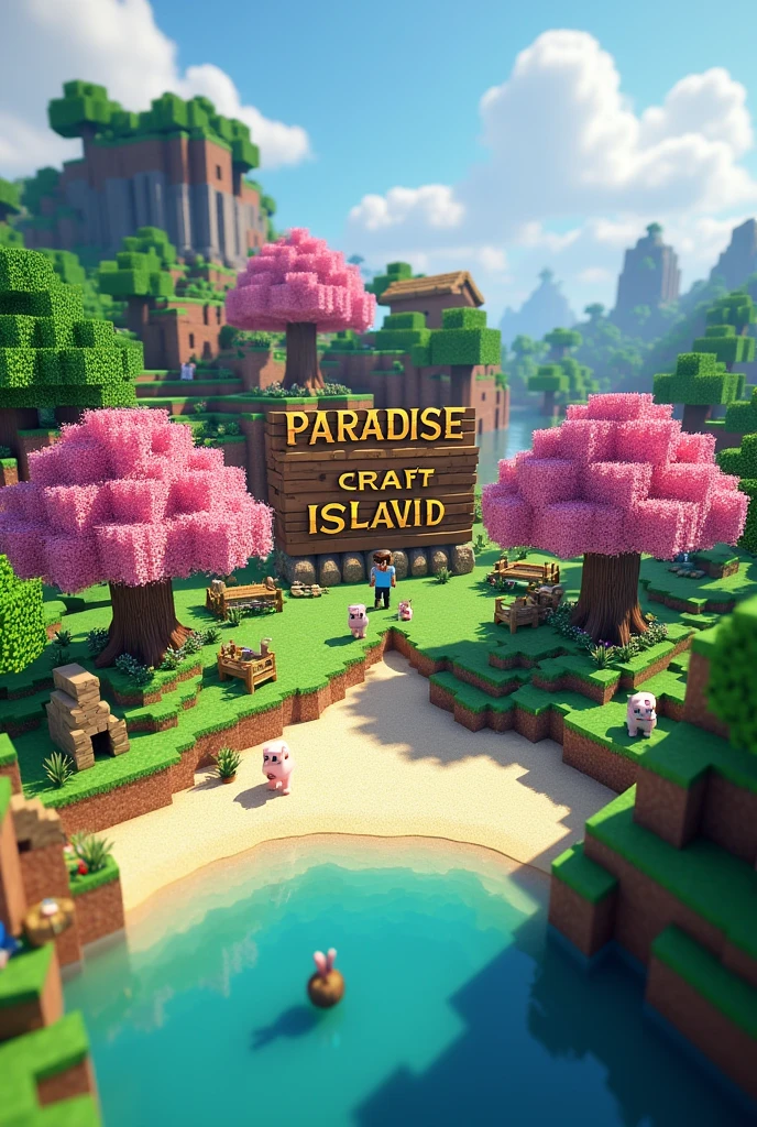 A minecraft paradise island with cherry trees mark Paradise Craft Island in minecraft typography