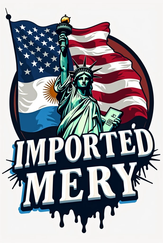 Un logo de indumentaria que diga in Spanish: "IMPORTED MERY " in Spanish . That has the United States flag in the background, another argentine flag with 3 stars on the argentine flag and the sun and the statue of liberty.