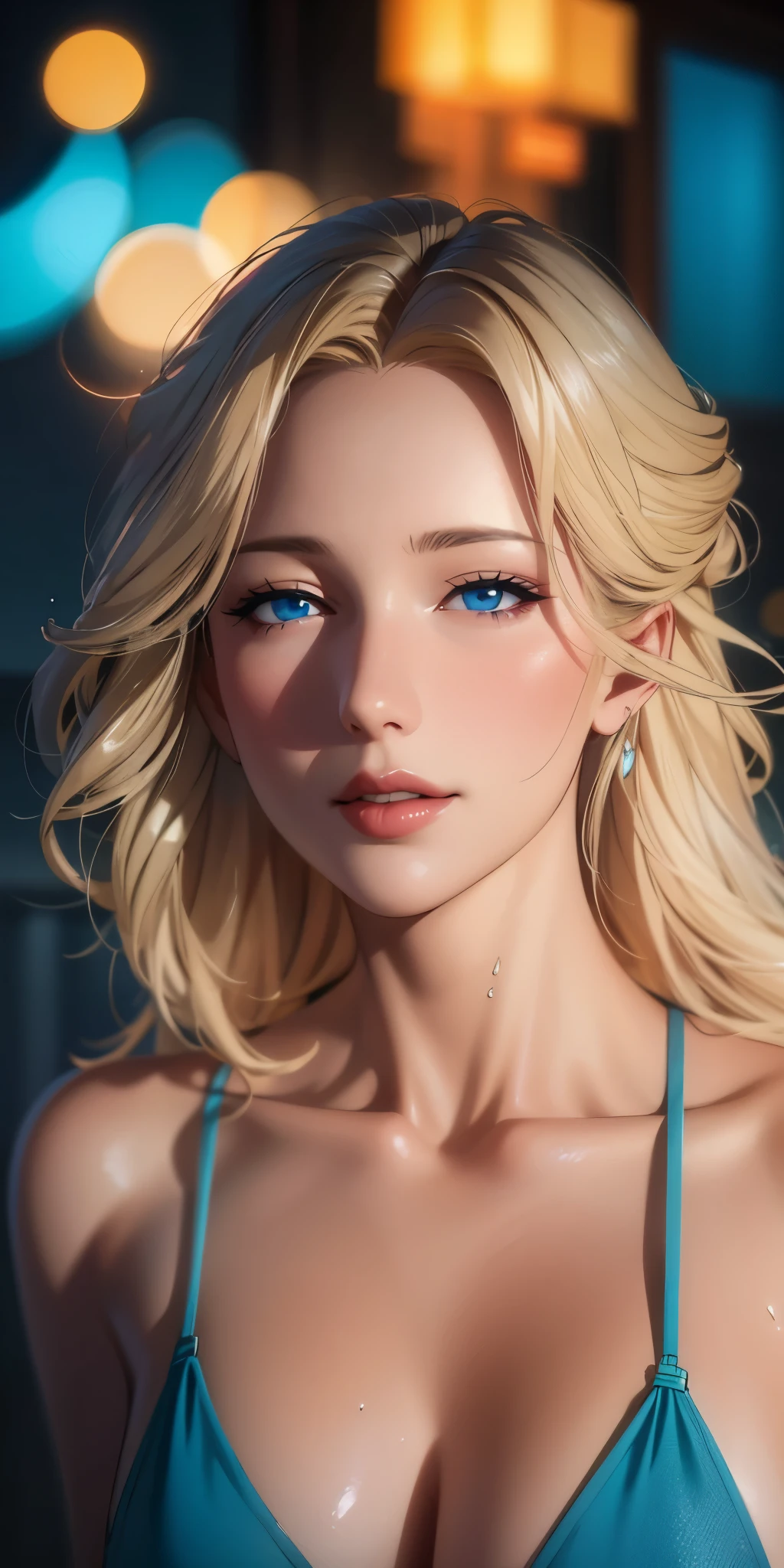 Elegant mature woman, milf, blue eyes, blonde hair, bangs, soft light, 4k resolution, high quality, beautiful cg