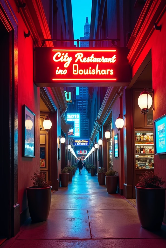 Vibrant city in motion, approach to the restaurant with an eye-catching sign.
Dynamic and modern transition to the restaurant interior.
Energy and vitality that capture attention.