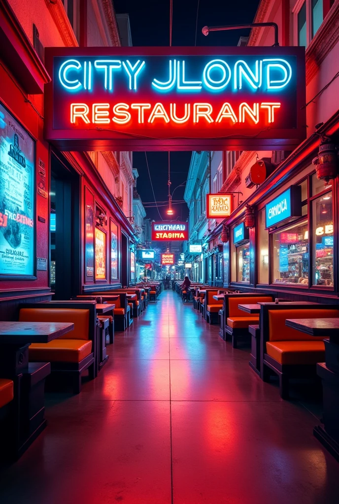 Vibrant city in motion, approach to the restaurant with an eye-catching sign.
Dynamic and modern transition to the restaurant interior.
Energy and vitality that capture attention.
