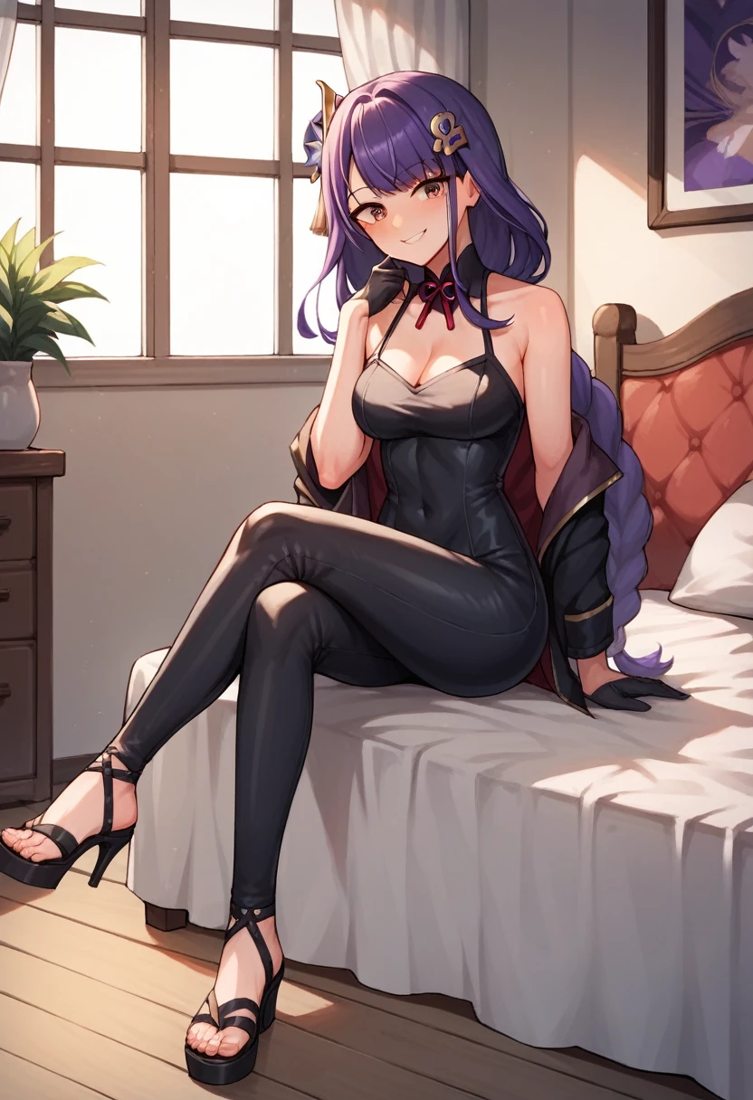 score_9, score_8_up, score_7_up, score_6_up, score_5_up, score_4_up, source_anime, 1girl,lora:raidenshogun1-000009:1>, raidenshogundef, upper body, sexy smile, bed, purple hair, hairpins, brown eyes, long hair, leater jacket, black dress, pants, black high heels, tapes sandals, crossed legs, leather gloves, room, best quality, best res, 4K UHD,
 