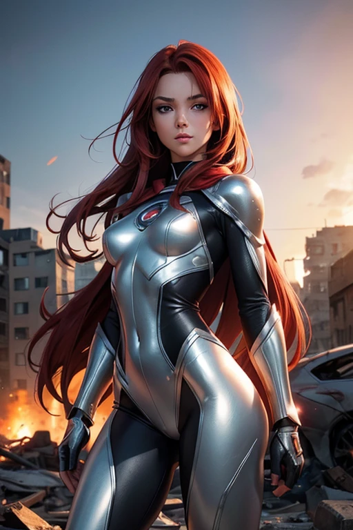 a beautiful young woman with a slim and skinny figure, wearing a sexy silver superhero suit with a long shiny cape, revealing her small but beautiful breasts and perfect small buttocks, with a toned abdomen and perfect waist, has very bright red hair, clear skin and perfect complexion, with powerful and nervous expression, fighting to survive against zombies in a destroyed apocalyptic city, high definition quality, ultra realistic, perfect photography, ultra 4k, the best definition realistic photography