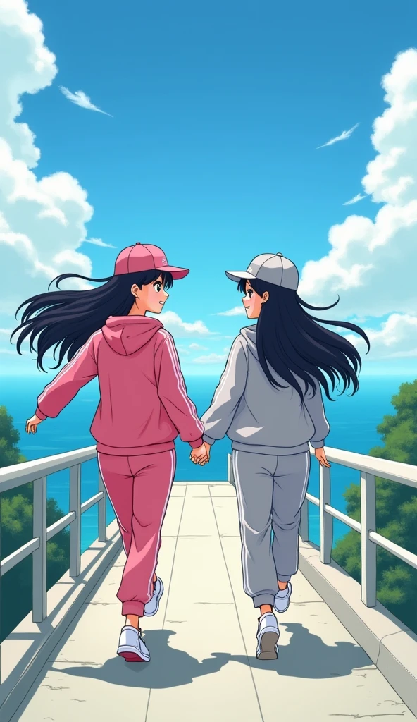 Two girls long black hairs, yuri,
(The first girl wear a pink adidas pants, pink adidas cap)
(The second girl wore a grey adidas pants, grey adidas cap)
holding a hands, smiles, running on the long bridge, blue sky, ocean, novel cartoon, 4K, HD