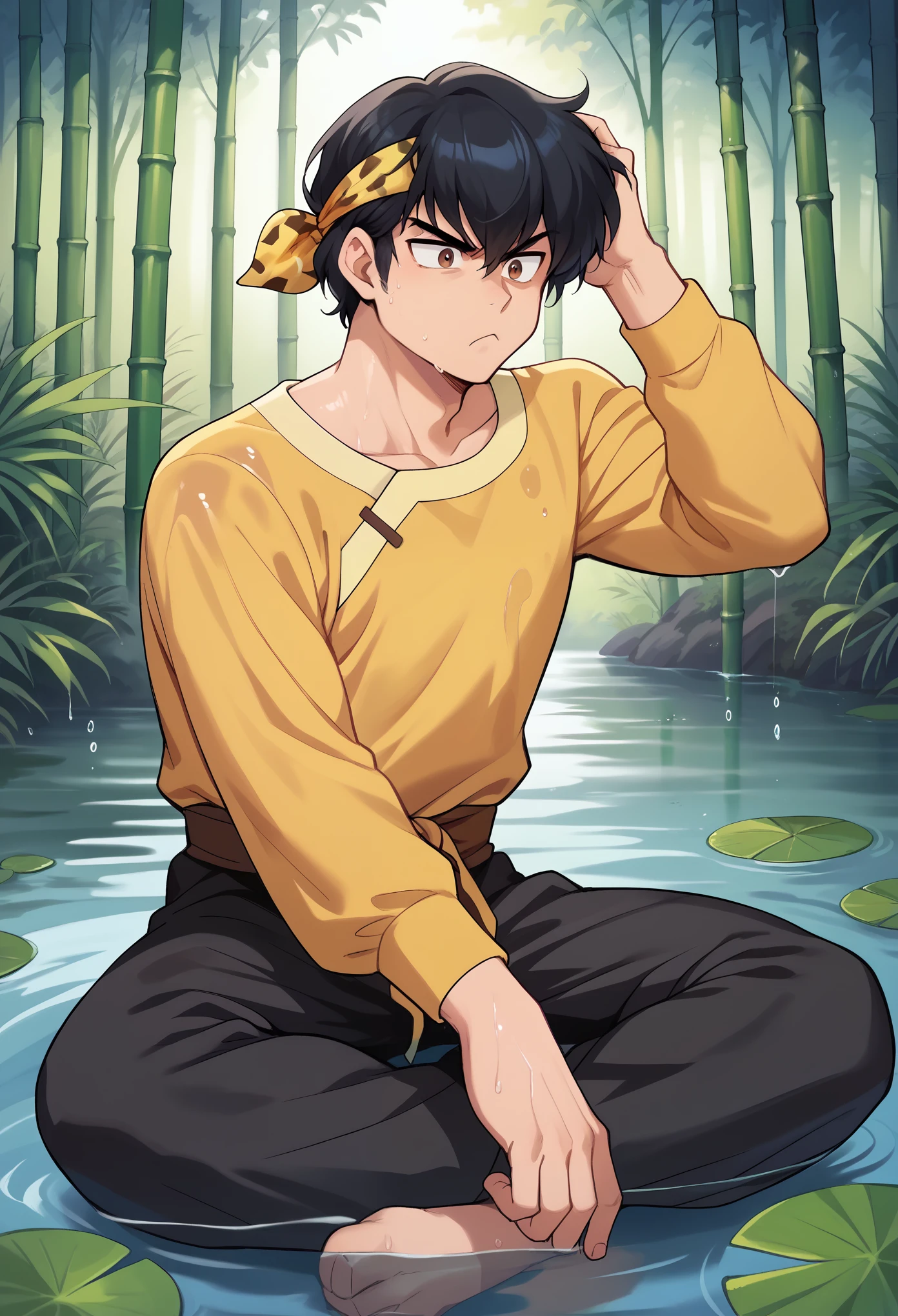 score_9, score_8_up, score_7_up, 1boy, solo, Ryouga Hibiki,black hair, bangs, brown eyes, yellow bandana, yellow shirt, long sleeves, black pants into a pond, on the water, sittin on the water, upset face, pout, hand on head, wet, looking down, chinese forest, bamboo