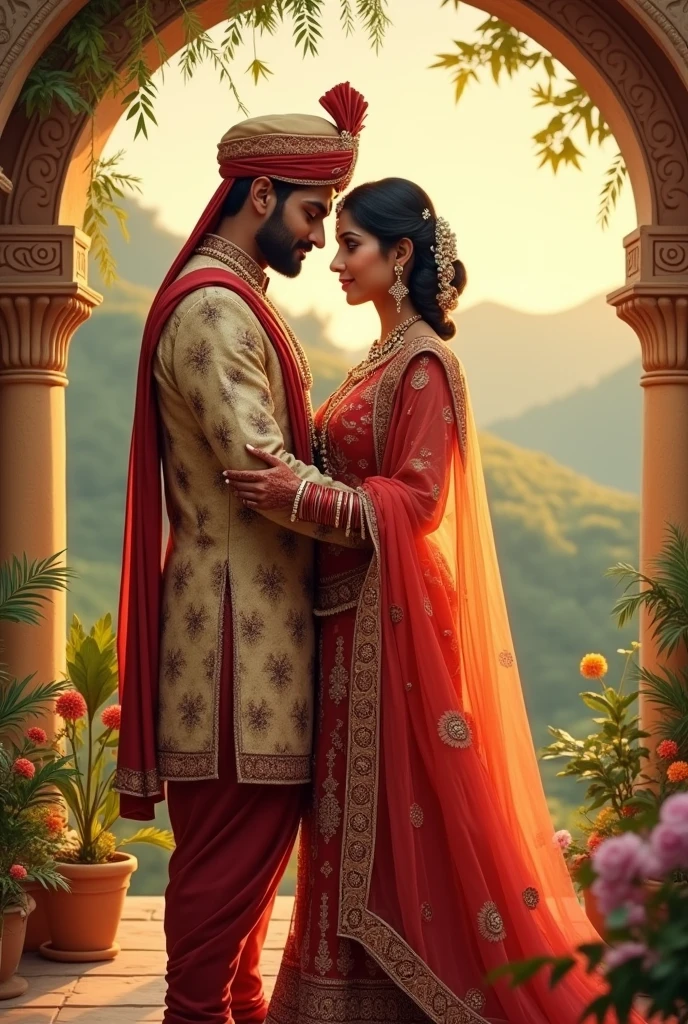 Indian Romantic couples wearing marriage dress