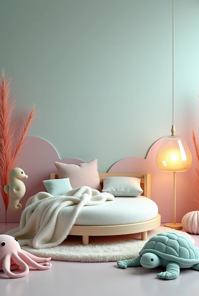 Create a photo background for me with a real New Born style scene with a seabed theme, in the scene there is an empty round bed, on the bed there is only a fluffy blanket, the bed is empty, around the bed, on the bed alone there is a messy fuzzy blanket, in the scene there is an octopus plush, there is a turtle plush, there is a seahorse plush, a transparent glass lamp in the shape of a jellyfish, the lamp has the light on, sea animals high quality clear image, pastel kids photo background image in light