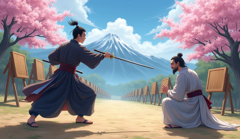 ((best quality)) An outdoor training ground, with Shin practicing sword strikes against wooden targets. The sage watches with a critical eye as Shin performs quick and precise movements. In the background, there are majestic mountains and cherry blossom trees.