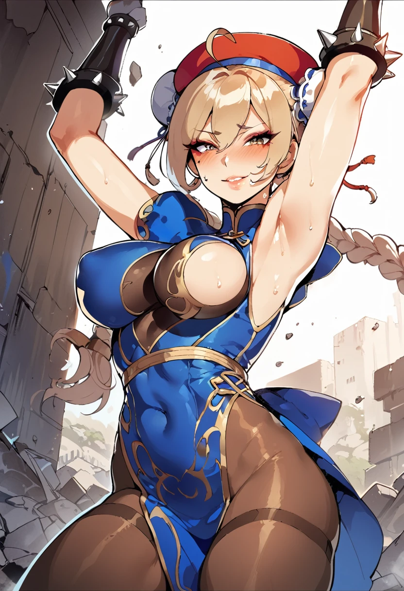 masterpiece,best quality,extreme detail,8k,cammyfn, 1girl, solo, Cammy, long hair, breasts, blue eyes,brown blonde hair, large breasts, gloves, red hat, braid, ahoge, twin braids, leotard, lips, makeup, beret, scar, antenna hair, nose, harness, huge ahoge, green leotard,sleeveless, sweaty,sweat, exhausted,sleeveless,cross eye, full body , 1girl, (solo:1.2), (jumping:1.3), (mid air:1.3), (cowboy shot:1.5), smile, happy, (masterpiece:1.3), (best quality:1.3), (perfect anatomy:1.4), highly detailed, chun li, brown eyes, short hair, double bun, bun cover, blue dress, pelvic curtain, spiked bracelet, sash, brown pantyhose, (post fight scenery:1.3), rubble, outside, daylight, nyantcha, expressive faces, anime-inspired, (cell shading:1.2), lips, merging, merged clothes