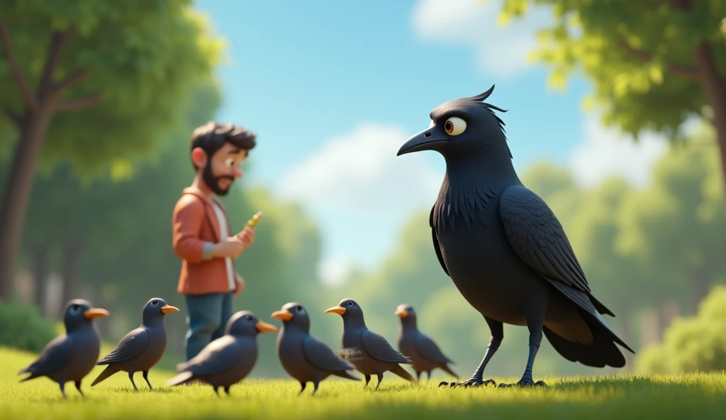 In cinematic 3D cartoon style. The Crow Observing: A curious crow perched on a nearby branch, watching the man as he feeds the birds. The crow has an intrigued look, as if contemplating something.