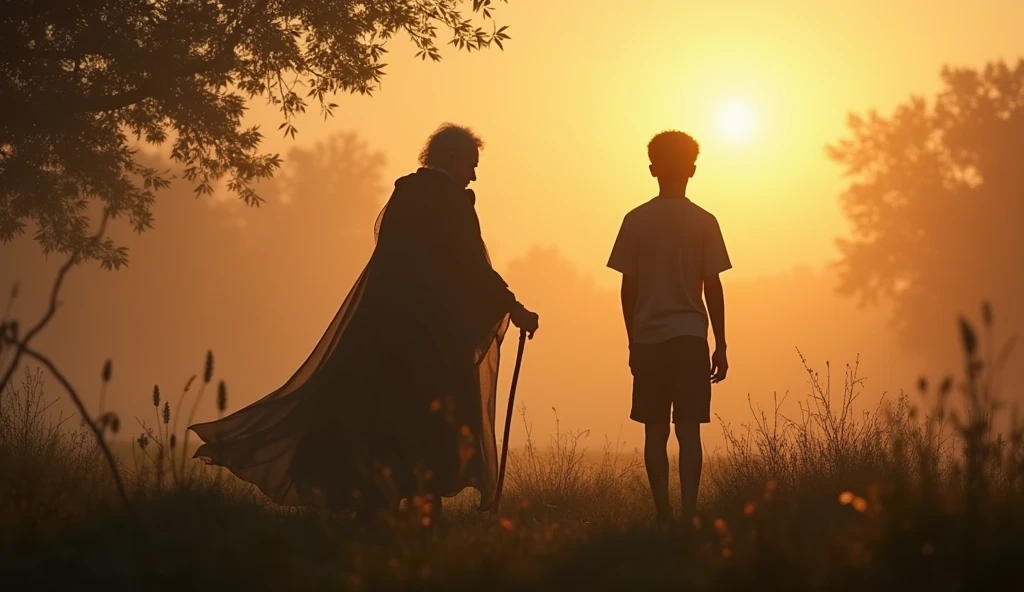 Silhouette of an elderly spirit, wise, walking with a young black man