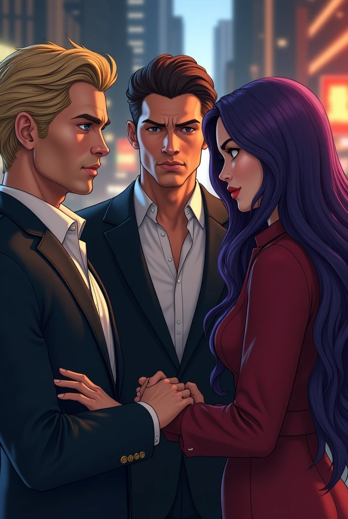 Handsome blond man, handsome western man with brown hair, japanese woman with beautiful long purple hair, gta, 3 people, SOCIAL CLOTHES, beautiful, mobsters, Italian Mafia, business partners, sem romance