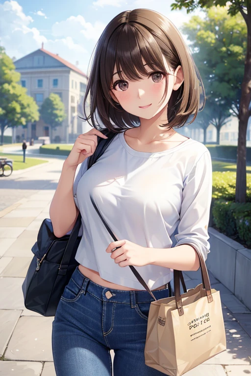 anegasaki nene、Shiny brown hair, short hair, (Beautiful brown eyes、Sparkling eyes, Fine grain)、smile、Ultra-detailed eyes、Highly detailed face, Highly detailed eyes,
(masterpiece, Highest quality, High resolution, 超High resolution, Pixel perfect, Depth of written boundary, 4K, RTTX 10.0, High resolution))),
Only one female, (Stroll around a college campus), stylish (A refreshing cropped knit) (Denim pants),
Mature Woman, /(Brown Hair/) bangs, 優しいsmile, (masterpiece Highest quality:1.2) Delicate illustrations, super detailed, (Carrying a casual bag) break (A typical college campus) Outdoor, noon, Detailed Background