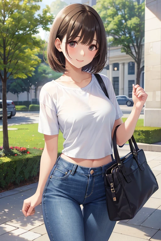 anegasaki nene、Shiny brown hair, short hair, (Beautiful brown eyes、Sparkling eyes, Fine grain)、smile、Ultra-detailed eyes、Highly detailed face, Highly detailed eyes,



(masterpiece, Highest quality, High resolution, 超High resolution, Pixel perfect, Depth of written boundary, 4K, RTTX 10.0, High resolution))),
Only one female, (Stroll around a college campus), stylish (A refreshing cropped knit) (Denim pants), 
Mature Woman, /(Brown Hair/) bangs, 優しいsmile, (masterpiece Highest quality:1.2) Delicate illustrations, super detailed,  (Carrying a casual bag) break (A typical college campus) Outdoor, noon, Detailed Background
