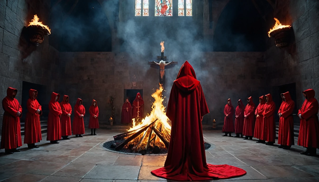 a ceremony that takes place inside a large dark room, several red-hooded priests stand around a pyre, in the center of it we have a woman with her back naked coming out of the flames, she has white hair