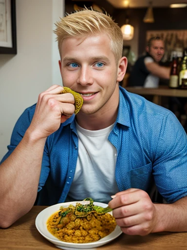 1man, blond hair, modern fade cut, blue eyes, london, eating indian thali, beer, happy
