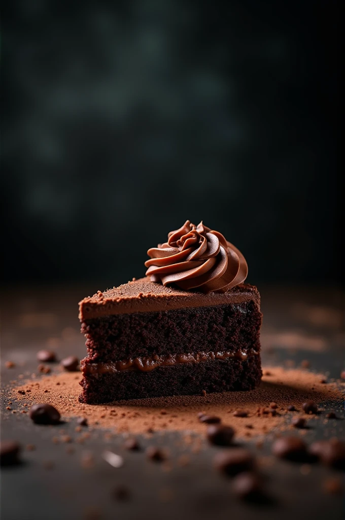 cinematic film still chocolate, chocolate cake, dark background, quality photo, moist texture, frosting, studio photo, slice . shallow depth of field, vignette, highly detailed, high budget, bokeh, cinemascope, moody, epic, gorgeous, film grain, grainy