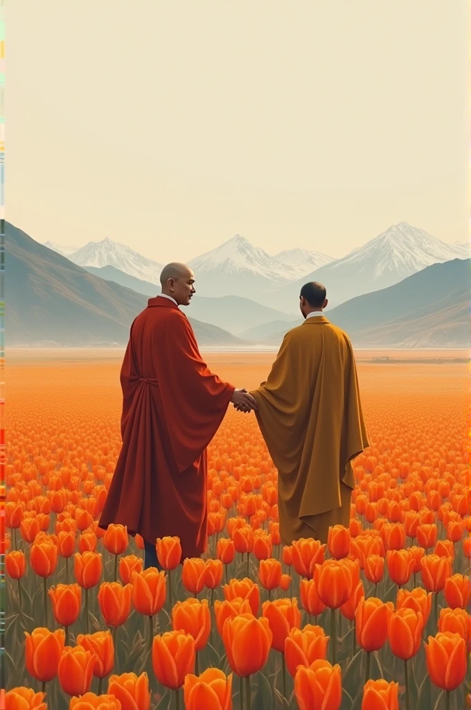 Buddha guiding Ambedkar through a field of orange tulips in Japanese style