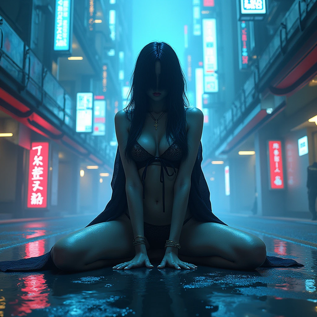 Ghost in the Shell Vol.2 - Assassin Geisha, by Luis Duarte, Luis Duarte style, blue and black shading, Neo-Tokyo style, Element Air, Mythpunk, Graphic Interface, Sci-Fic Art, Dark Influence, NijiExpress 3D v3, Kinetic Art, Datanoshing, Oilpainting, Ink v3, Splash style, Abstract Art, Abstract Tech, Cyber Tech Elements, Futuristic, Illustrated v3, Deco Influence, AirBrush style, drawing, squatting, legs spread wide revealing his panties. 