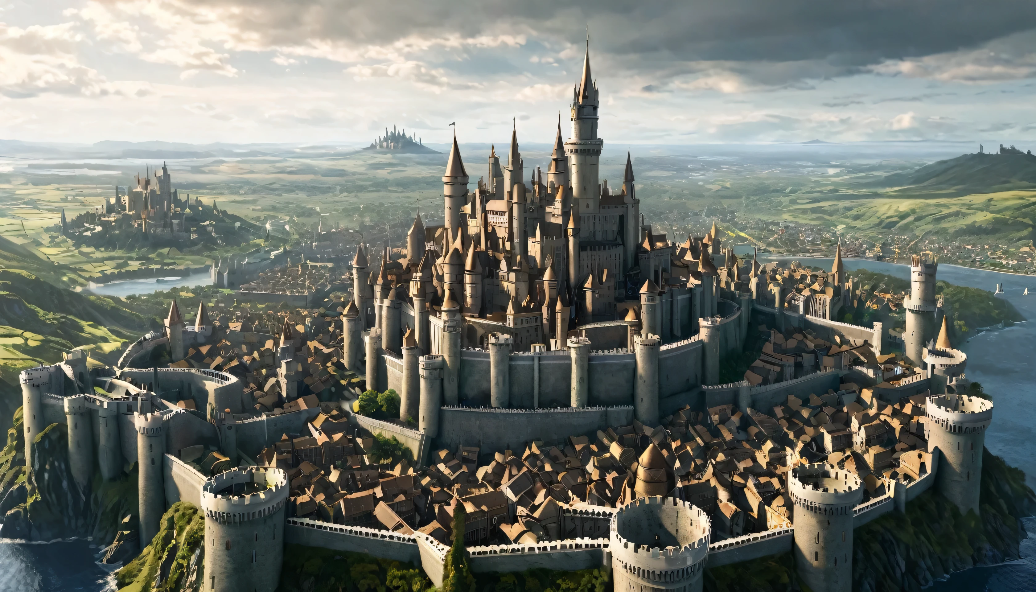 a scene of a giant city within a kingdom with a large castle in the center with tall, bronze-colored towers just like Kingsland, the capital of Westeros