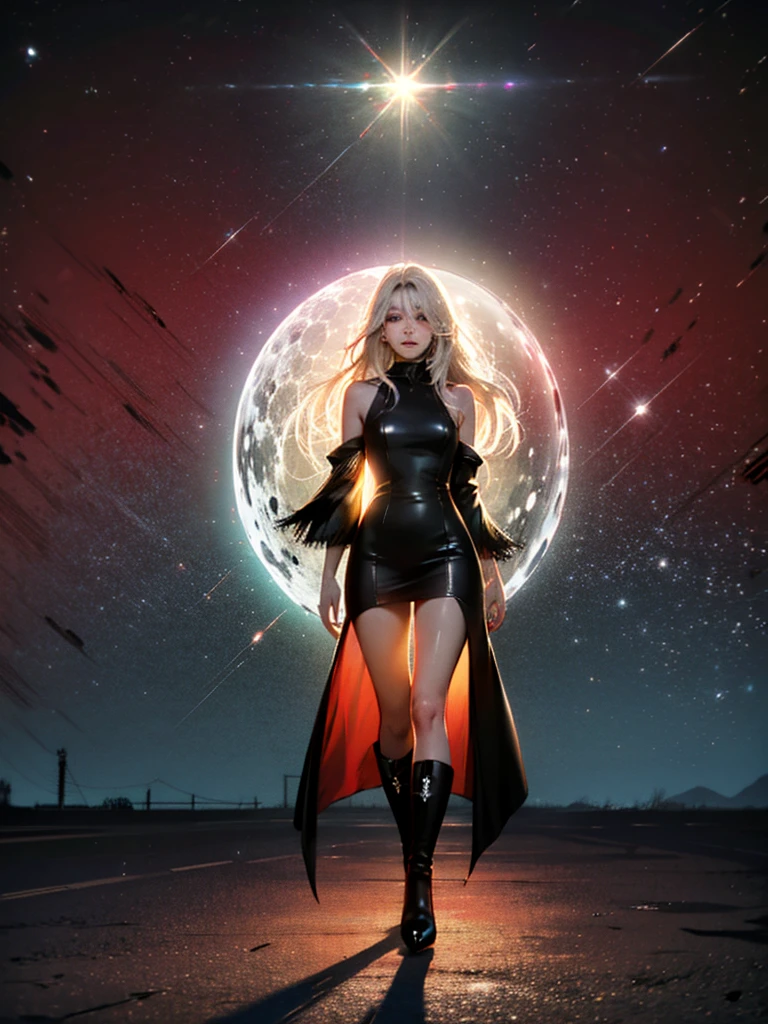 Girl with long white hair down to her waist, with small red details, red eyes, long black dress with a leg slit, with red details, long black boots up to below the knees, white skin, the ground around her is cracking and small stones are floating around her surrounded by a black aura, she is surrounded by shadows, and the background is dark like the night with the universe and stars, her presence causes fear, her shadow appears to be a monster, 8k, high quality, full body, (ultra-realistic), {extremely detailed 8k CG unit wallpaper}, expansive landscape photograph, (light: 2.0), (warm light source: 1.5), complex details, (iridescent colors: 1.5), (bright lighting), (atmospheric lighting), surreal, impressive, fantasy, (Solo: 1.2), White moon