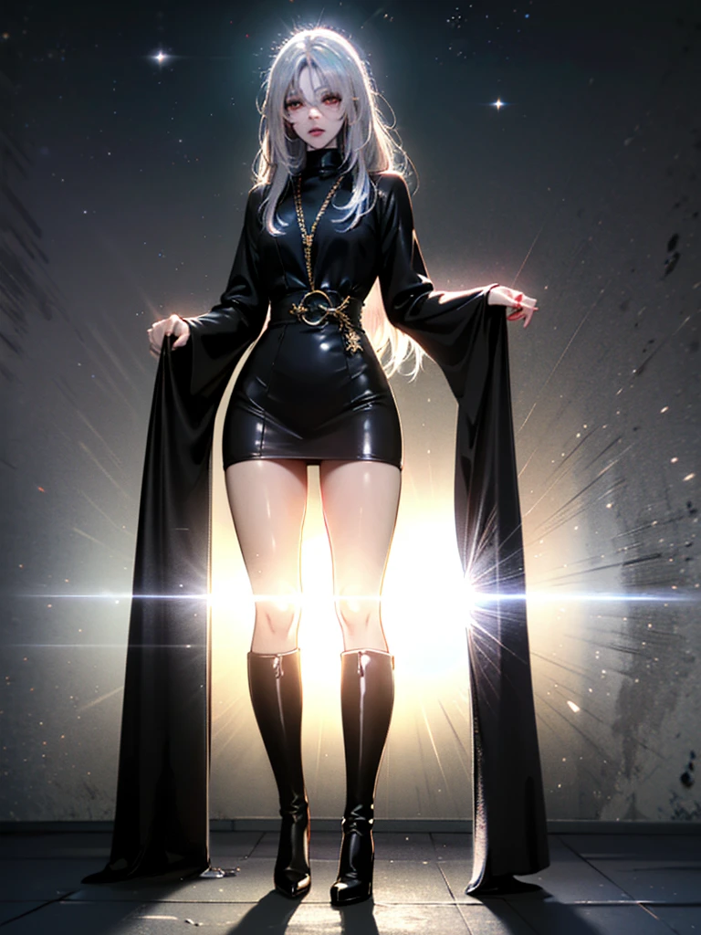 Girl with long white hair down to her waist, with small red details, red eyes, long black dress with a leg slit, with red details, long black boots up to below the knees, white skin, the ground around her is cracking and small stones are floating around her surrounded by a black aura, she is surrounded by shadows, and the background is dark like the night with the universe and stars, her presence causes fear, her shadow appears to be a monster, 8k, high quality, full body, (ultra-realistic), {extremely detailed 8k CG unit wallpaper}, expansive landscape photograph, (light: 2.0), (warm light source: 1.5), complex details, (iridescent colors: 1.5), (bright lighting), (atmospheric lighting), surreal, impressive, fantasy, (Solo: 1.2), White moon