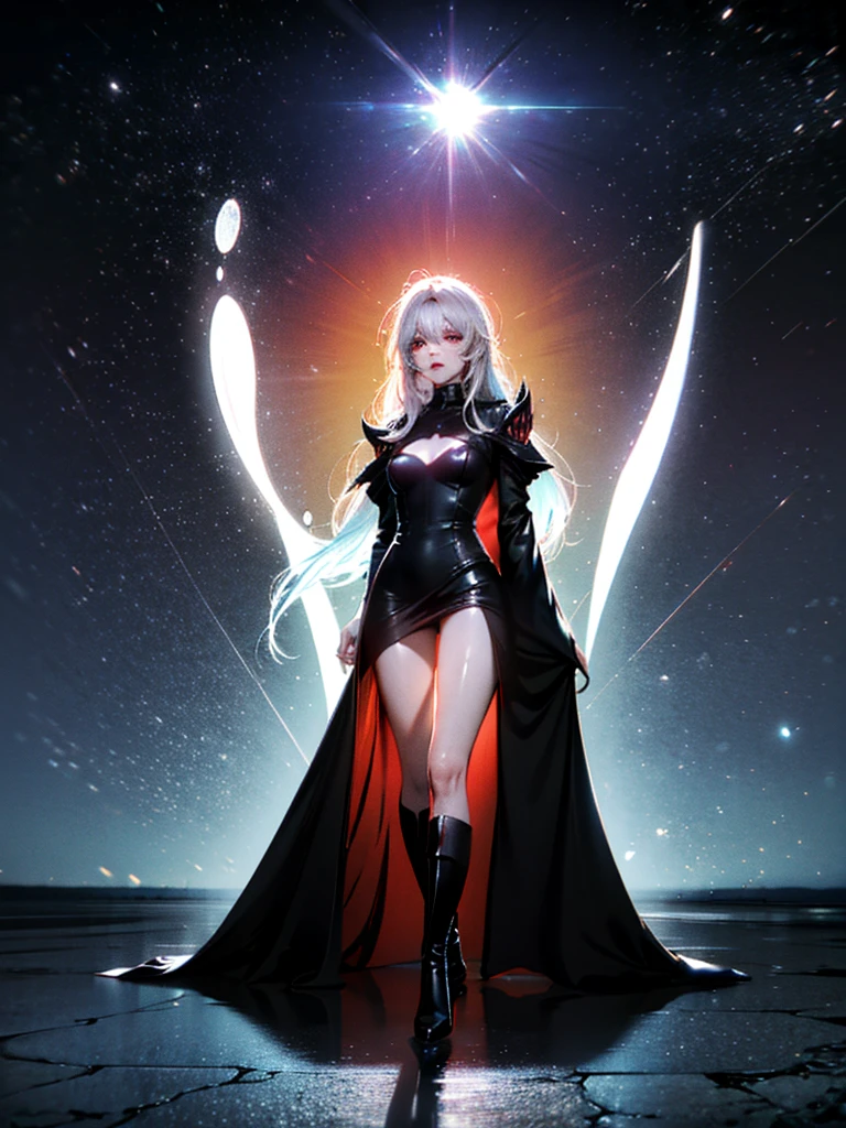 dark forest in background, colorful, Aurora, mythical, erotic pose, pore white hair, small , big eyes, body covered with tattoo, red lips, erotic, dark light, black dress ,glowing light, detailed face, detailed hands, detailed eyes, full body