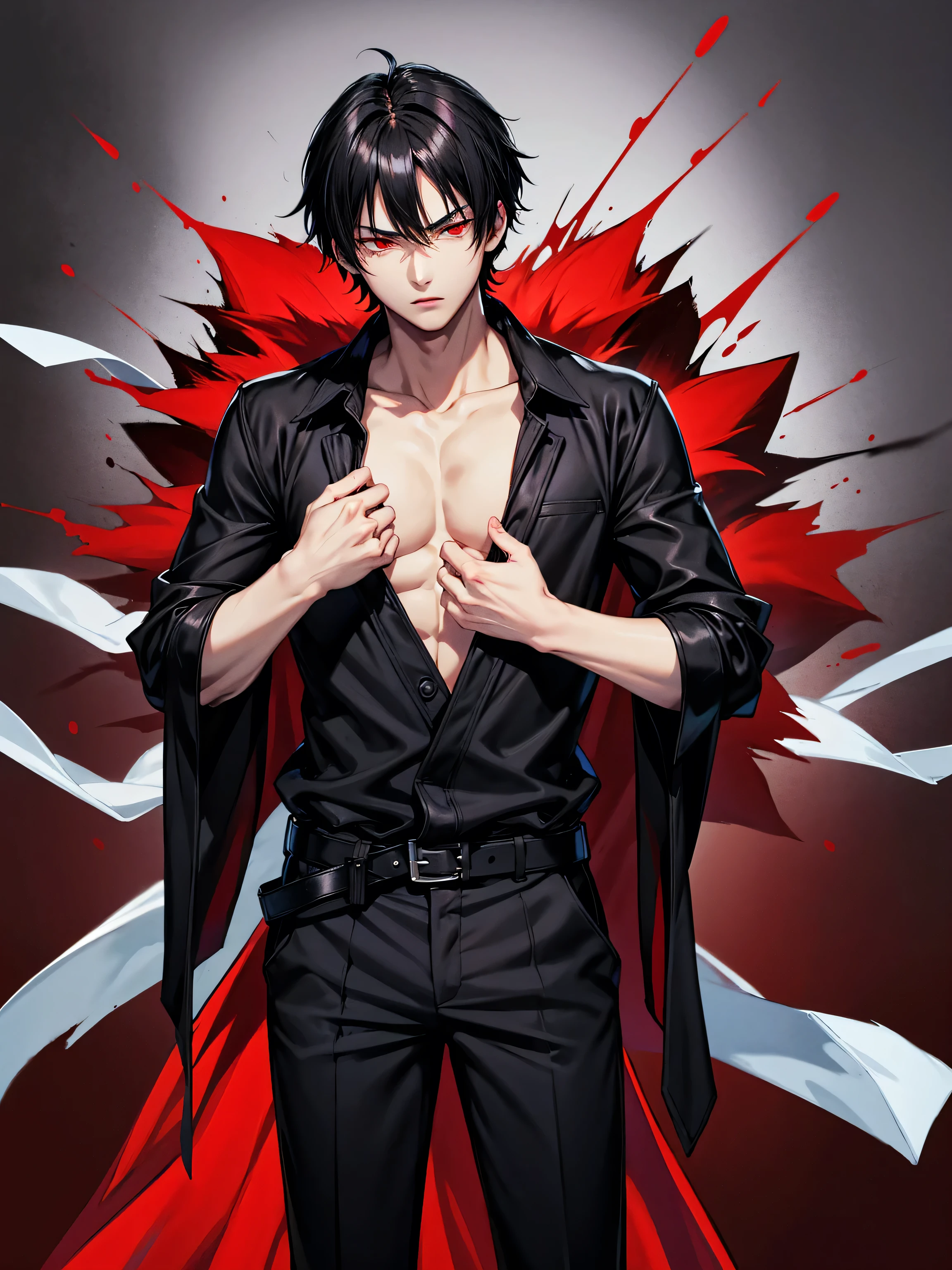 (Name: Leito Hyuga a ), Handsome, Assasin Killer Outfit, Perfect Red Eyes Color,, Short Black Haired, Cold Expression