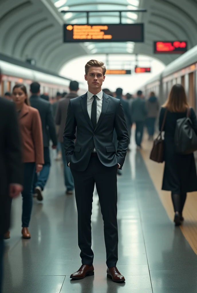Rich man business, quite Young, quite thin, standing in a train station, light hair