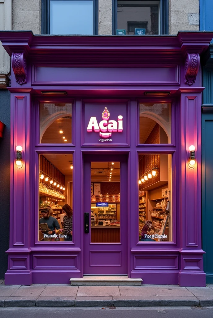 Facade of a large purple açaí shop with lighting and a door and two windows
